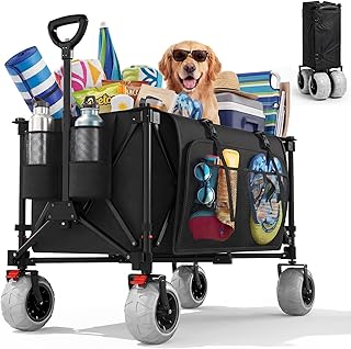 JUMMICO Chariot Pliable Tout Terrain 200L avec Frein de Stationnement - 150kg, Roues PU Amovibles et Poignée Réglable, Sac Latéral 25L - Robuste, pour Plage, Parc, Courses, Camping