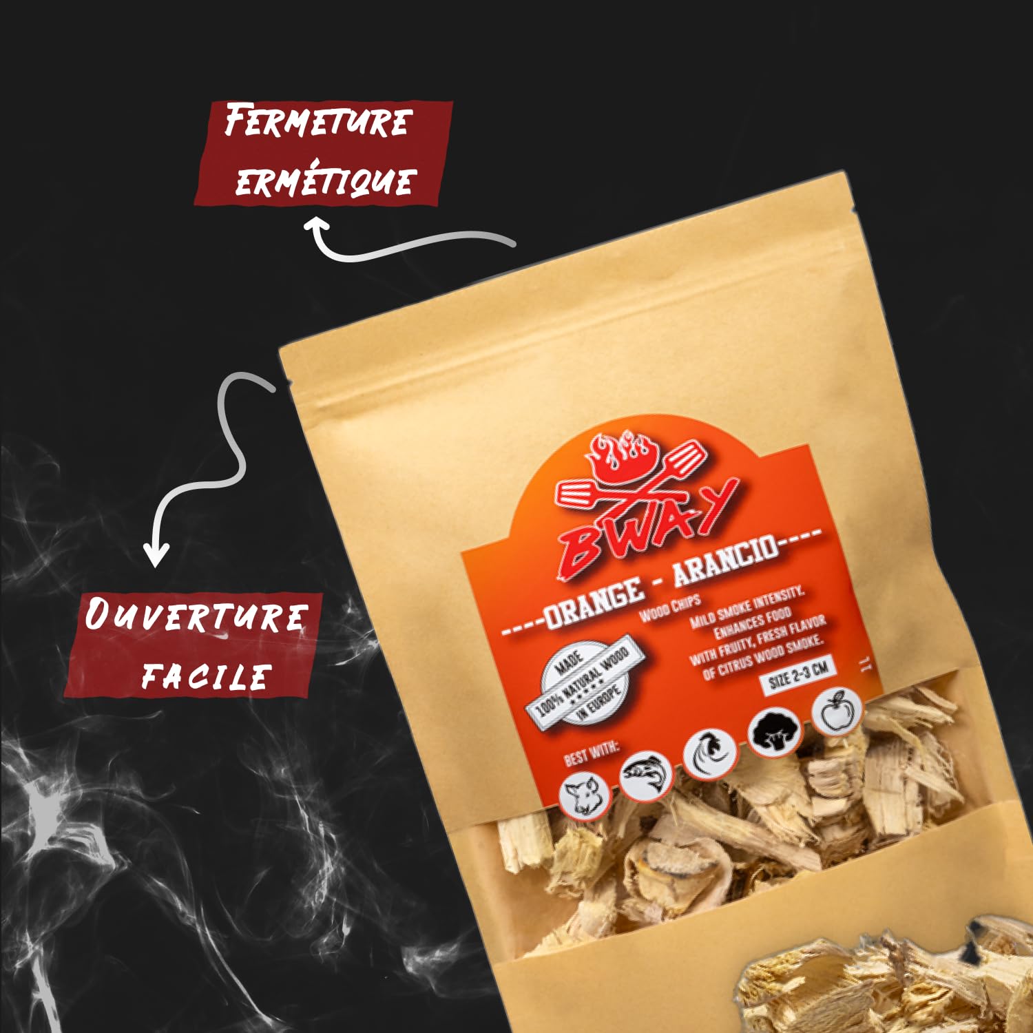 BWAY Copeaux de Fumage – Barbecues à Bois de Porc, Poisson, Fruits et Légumes – Bois de Fumage aux Arômes d’Olivier, Orange, Amandier, Citron, Noyer et Chêne (6×1 L)