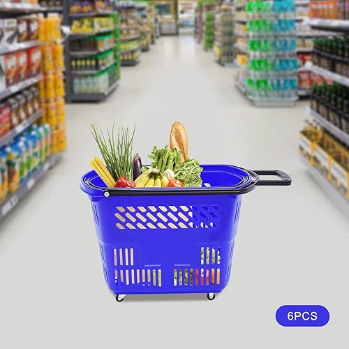 Miniatura 5 de Carritos de compras de plástico, 6 cestas de compras con ruedas, carrito de compras de 35 l con asas, cesta de compras portátil en supermercados y