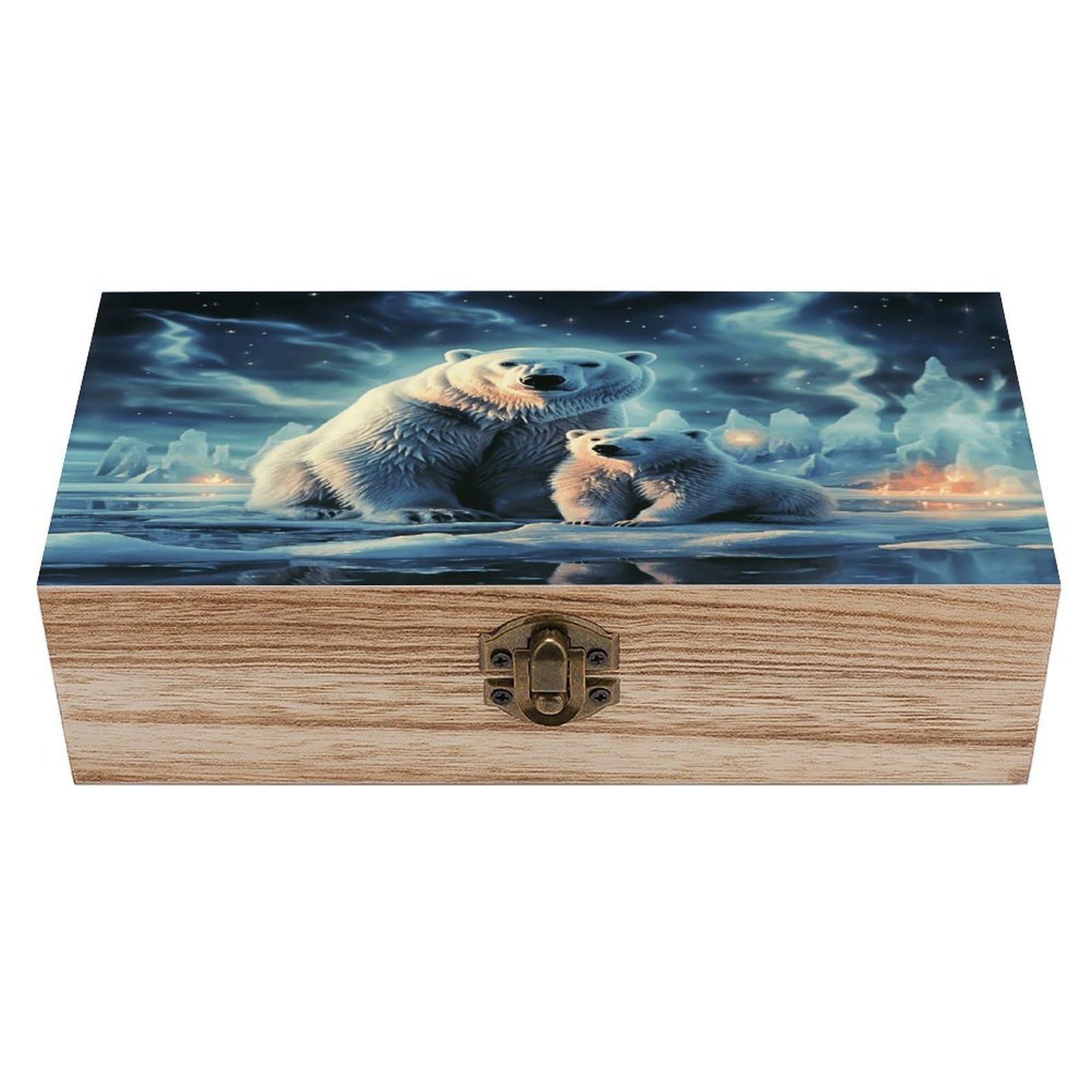 VstaDank Polar Bears Northern Lights Wooden Storage Box Wooden Keepsake Box with Hinged Lid Exquisite Solid Wood Decorative Jewelry Case Memory Box for Jewelry Photos Letters Crafts Trinkets