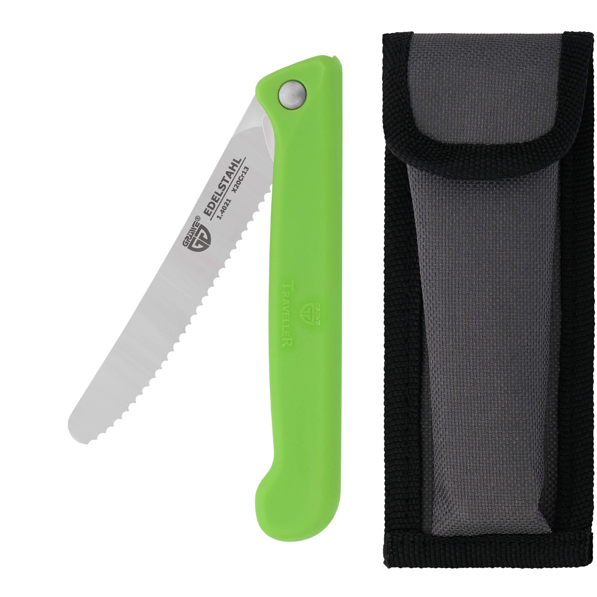 GRÄWE Klappmesser mit Wellenschliff, Frühstücksmesser, Brötchenmesser, Tomatenmesser, klein, klappbar (mit Liner Lock Mechanik), scharf, Brotzeitmesser aus Spezialstahl mit Etui, Grifffarbe grün