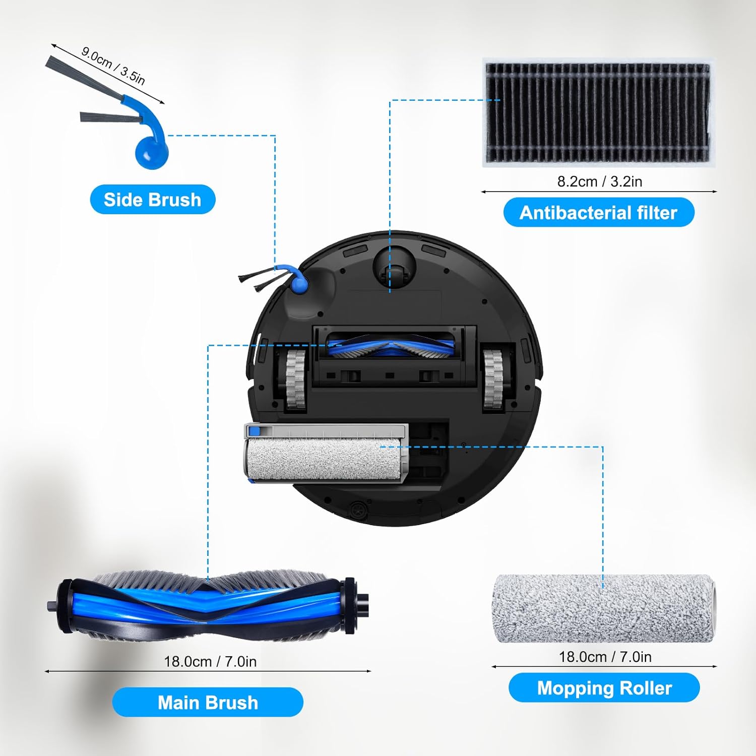 Accessories Kit for ECOVACS DEEBOT T80 Omni / X8 OMNI / X8 Pro OMNI Robot Vacuum Cleaner, 1 Main Brush, 4 Filters, 2 Mopping Roller, 4 Side Brushes, 4 Dust Bags, 1 Cleaning Brush