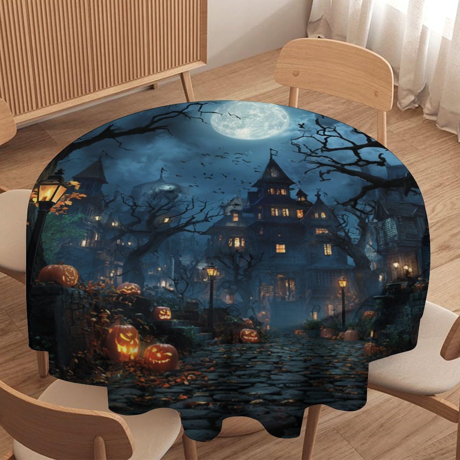 Luyysky Modern Watercolor Horror Castle Waterproof Round Tablecloth Retro Gothic Halloween Full Moon Pumpkin Animals Bats Washable Table Cover For Kitchen-127 Wx127 L Cm