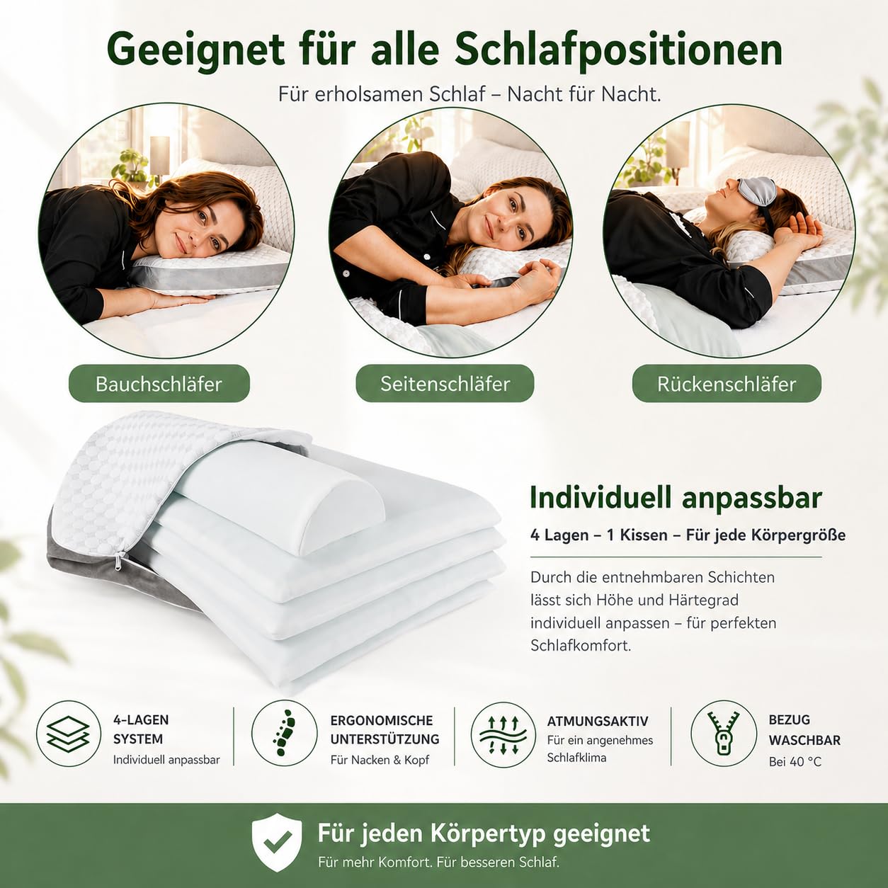 Nackenkissen Memory Foam – ergonomisches Kopfkissen 55x35x12 cm, höhenverstellbar -Seitenschläferkissen -Bauchschläferkissen - Rückenschläferkissen