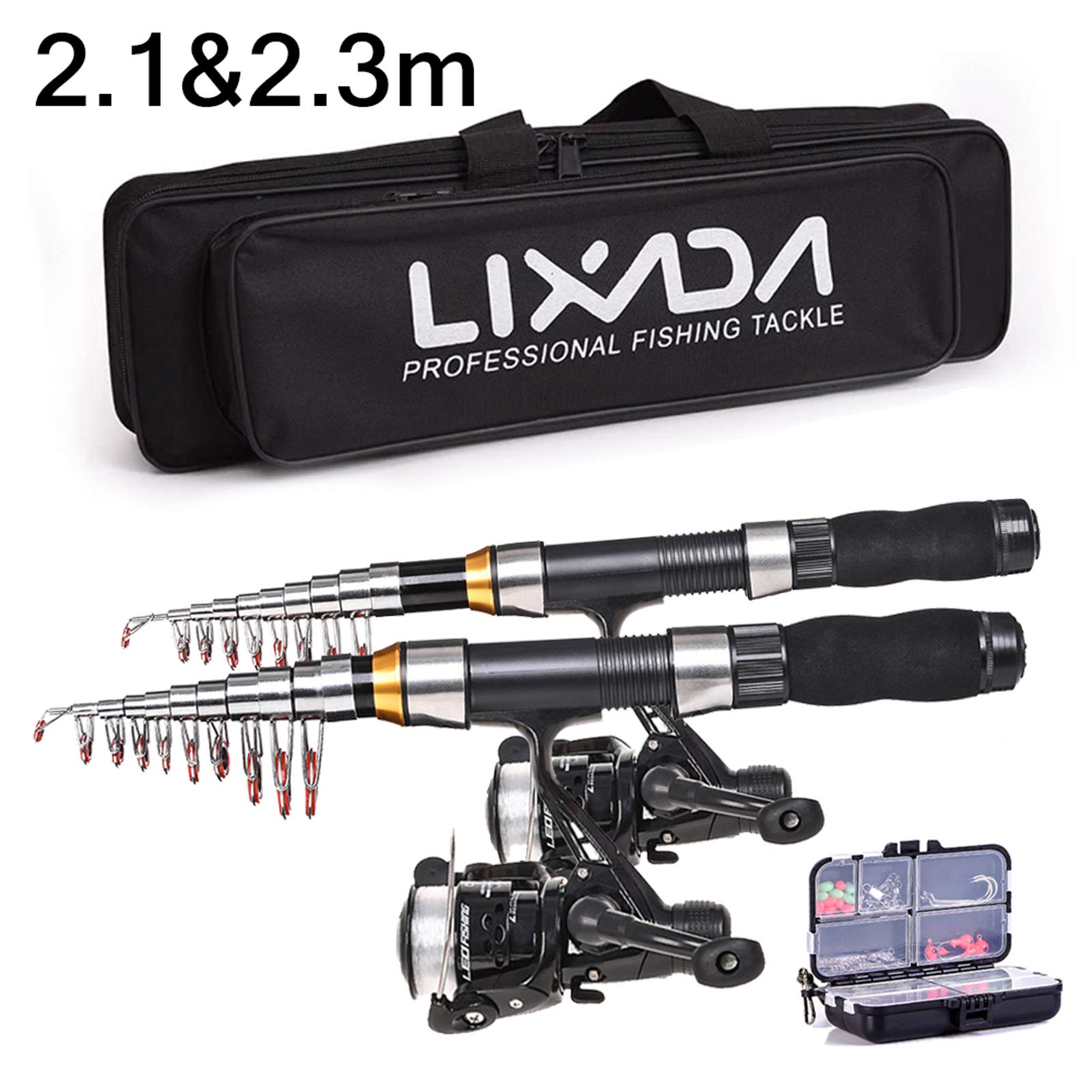 LIXADA Set Canne à Pêche Télescopique Canne à Pêche Set avec 2,1/2,3 m Cannes à Pêche Télescopiques Moulinets de Pêche Leurres & Ligne & Crochets & Flotteurs, Kit de Canne à Pêche
