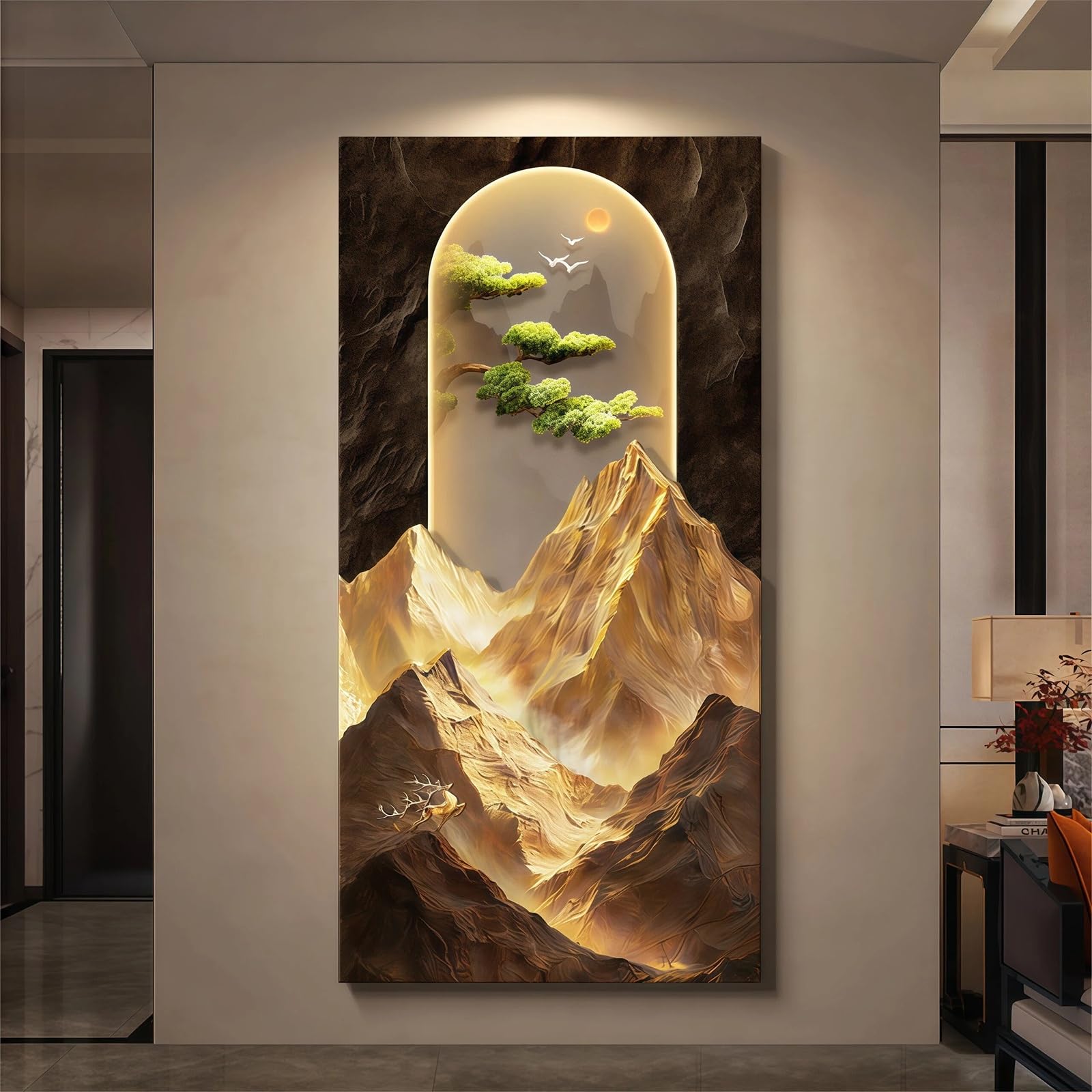 3D-Wandbild mit LED-Beleuchtung, Wandbild in Sandsteinoptik, handgemaltes 3D-LED-Gemälde mit Berg- und Kiefernmotiv, modernes Dekor mit Struktur für Eingangsbereich und Wohnzimmer (GelbB 15,