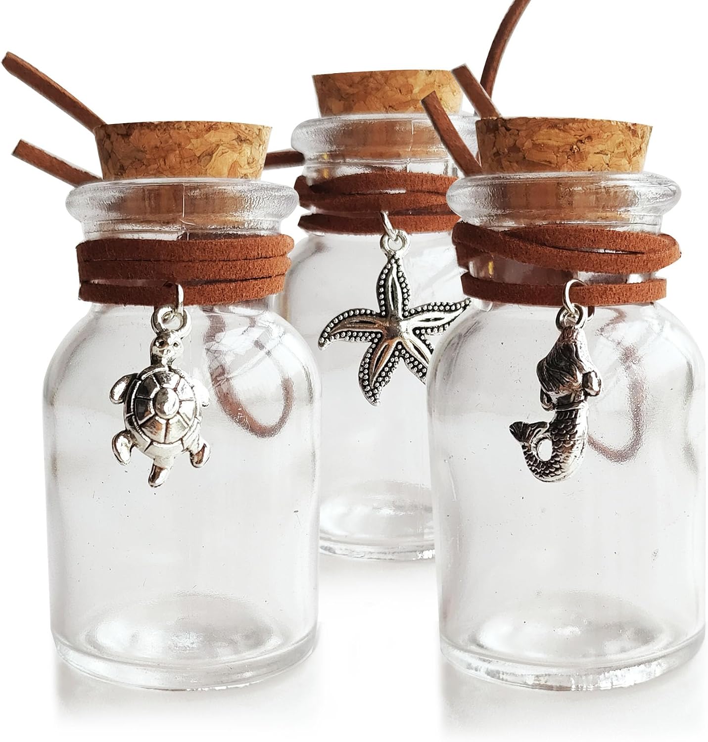 6PCS 30ml Clear Wide Mouth Glass Bottles with Cork Stoppers and Decorative Pendant, Mini Small Vials for Wedding Favors, DIY Crafts, Baby Shower