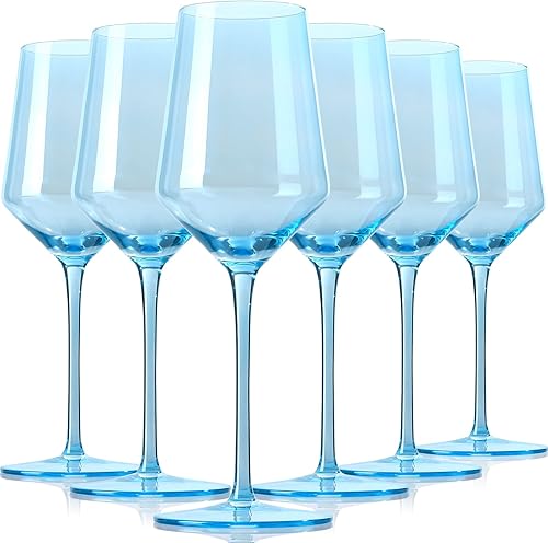 Physkoa Copas de vino de colores - Juego de 6 copas de vino de color azul lago, copas de vino coloridas de cristal con tallo largo y borde fino,