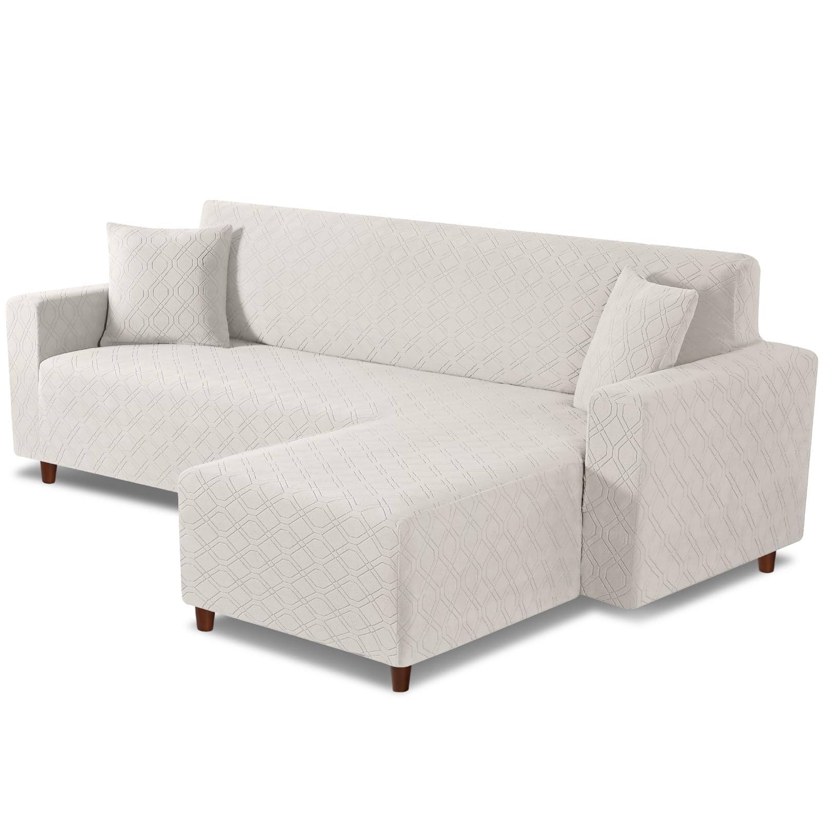 Couch Cover L Shape Washable Sofa Cover 1-Piece L Shape Sofa Slipcover Furniture Protector Stretch Couch Slipcover with 2Pcs Pillowcases(Right Facing L Shape Cover, Off White)