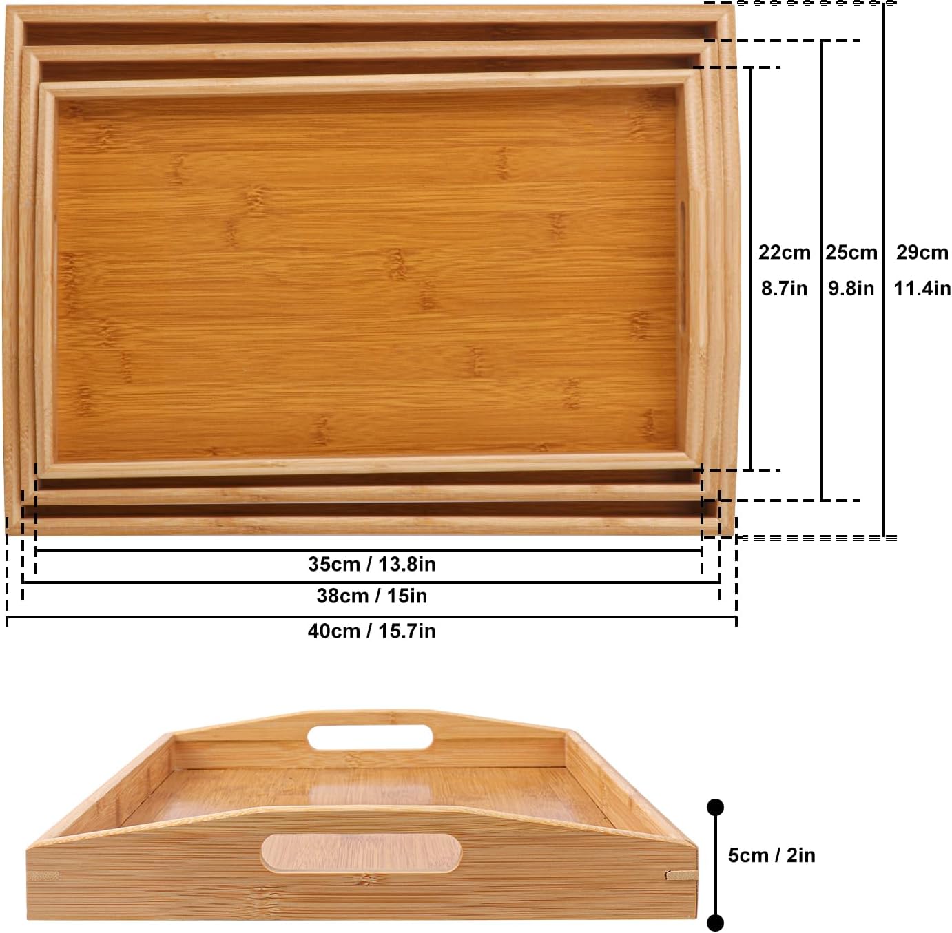 3 PCS Bamboo Serving Tray, 3 Size Nested Breakfast Bed Tray with Handle, Wood Serving Tray for Serving, Breakfast Bed Trays for Eating, Decor, Displaying Cake, Fruit - Image 2