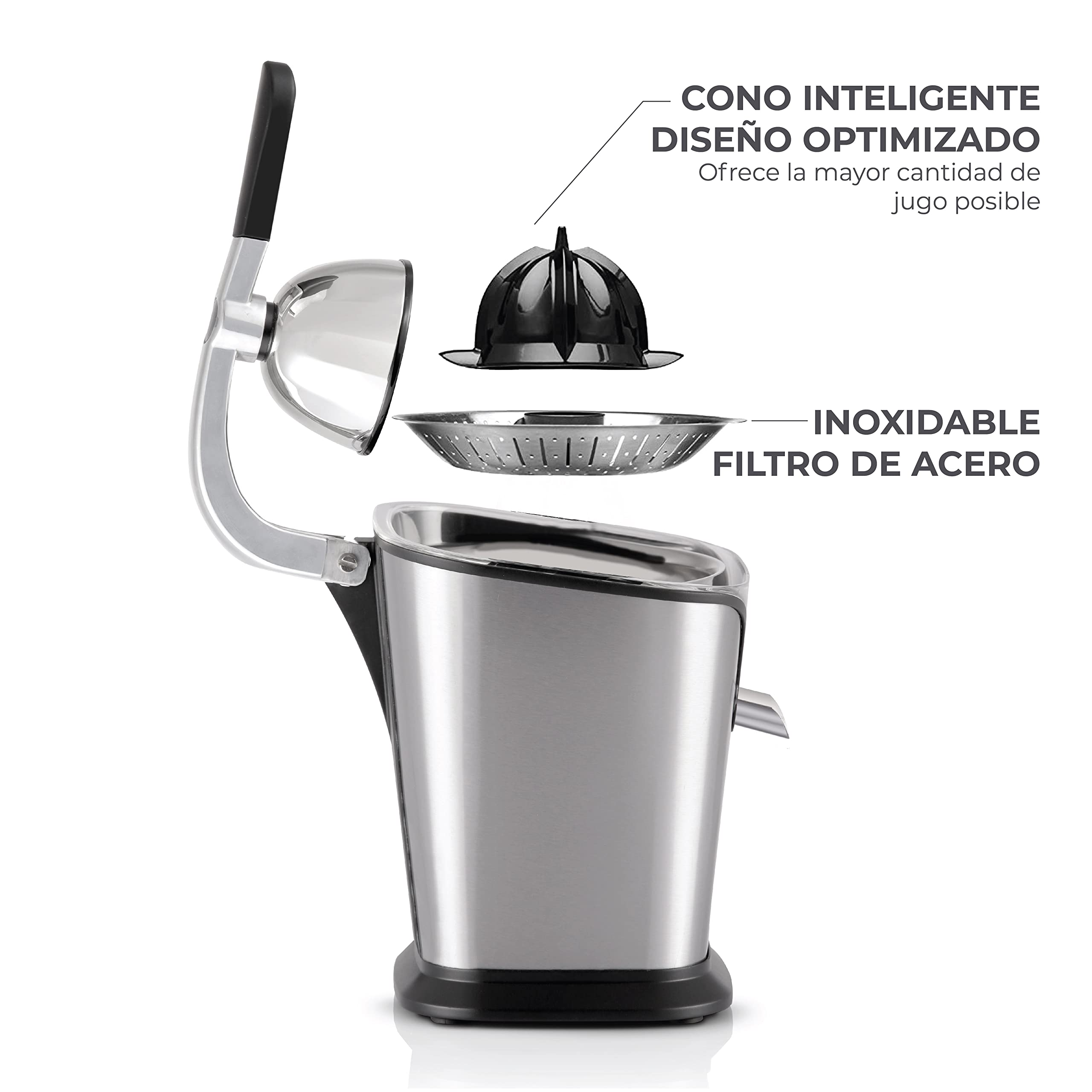 Muller Kitchen MK-6051 - Exprimidor eléctrico (motor de 160W, INOX filtrar, incluye 2 tamaños de cono, con brazo de palanca)