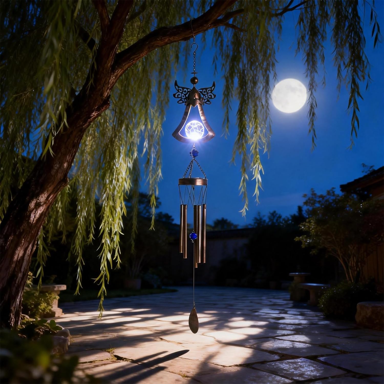 Taman Wind Chime - 42" Angel Solar Lights Wind Chimes Valentine's Day Gift for Outside Crackle Glass Ball LED Decorative Memorial Gift, Aluminum Tubes for Home, Outdoor, Yard, Patio,Garden Decor - Image 2