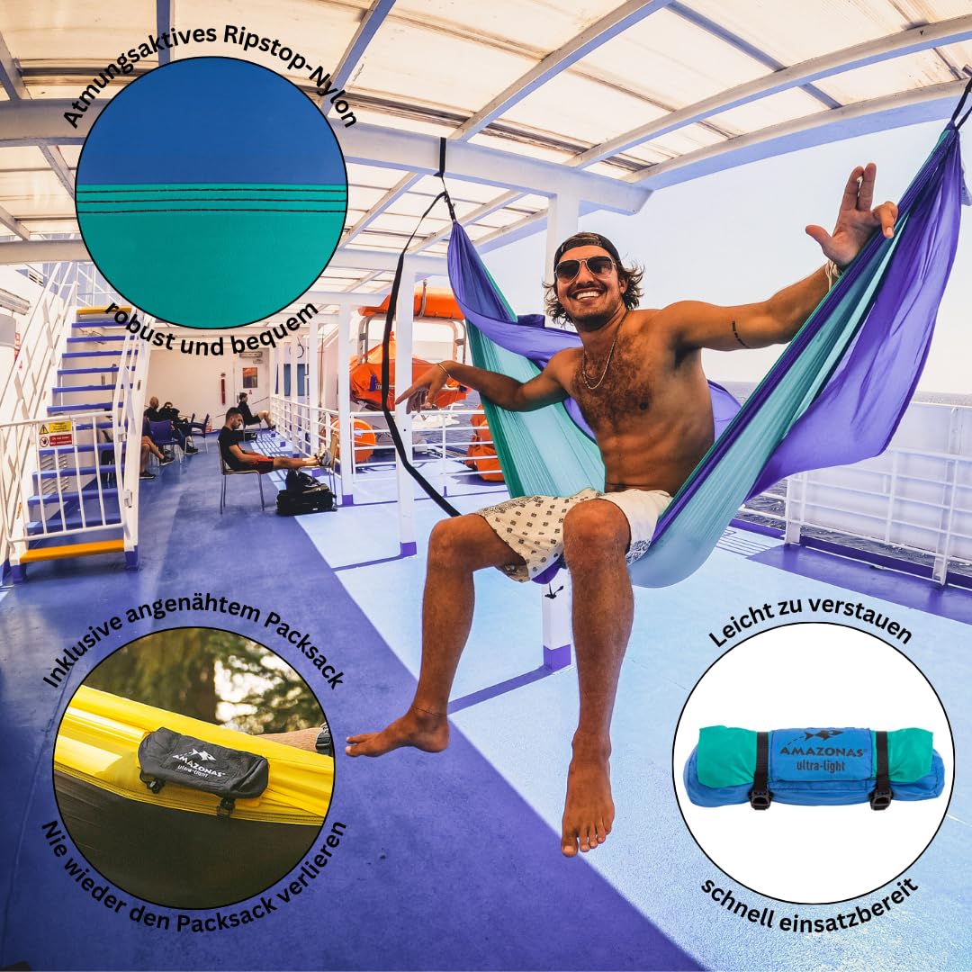 AMAZONAS Hammock Hammock Hammak Ultra Light Ice Blue Hamac King Size Le Plus léger au Monde 180 g 275 x 140 cm Dimensions plié 18 x 6 cm jusqu'à 150 kg