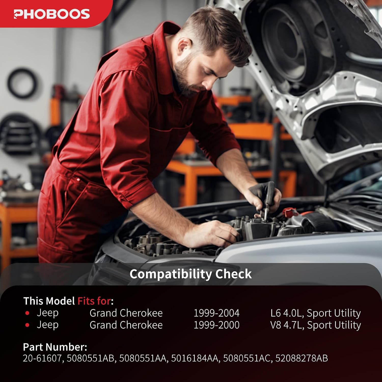 PHOBOOS Power Steering Pump Compatible with Jeep Grand Cherokee 1999-2004, 4.0L/4.7L, with Outlet & Reservoir & Pulley, Smooth Steering, Low Noise, High Durability, Ref. 20-61607