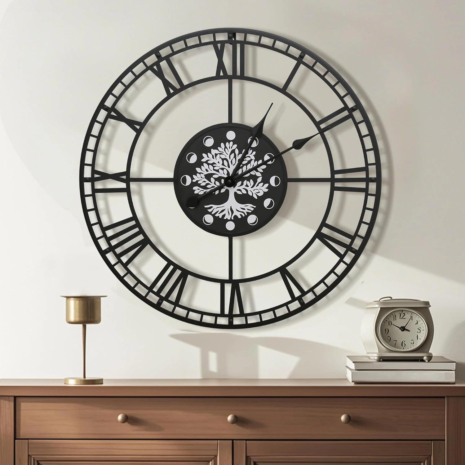 Micasso 24 in Tree of Life Wall Clock: Large Black Metal Frame Minimalist Clock - Non-Ticking Battery Operated Silent for Home Decor/Living Room/Bedroom/Office
