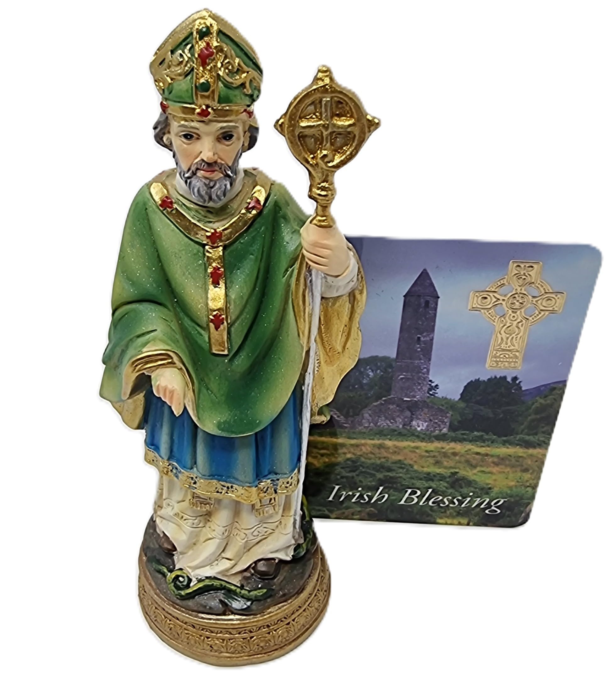 celebrationgiftsforall 12.5cm Saint Patrick Christian Religious Collectable Hand Painted Figurine Ornament with Irish Blessing Prayer Keepsake Wallet Card