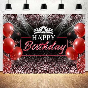 6X4ft Birthday Photography Backdrop, Red Glitter Happy Birthday Background Celebrate Birthday Party Background Decoration, Red Balloons Photo Backdrop Baby Portrait Photo Studio Props