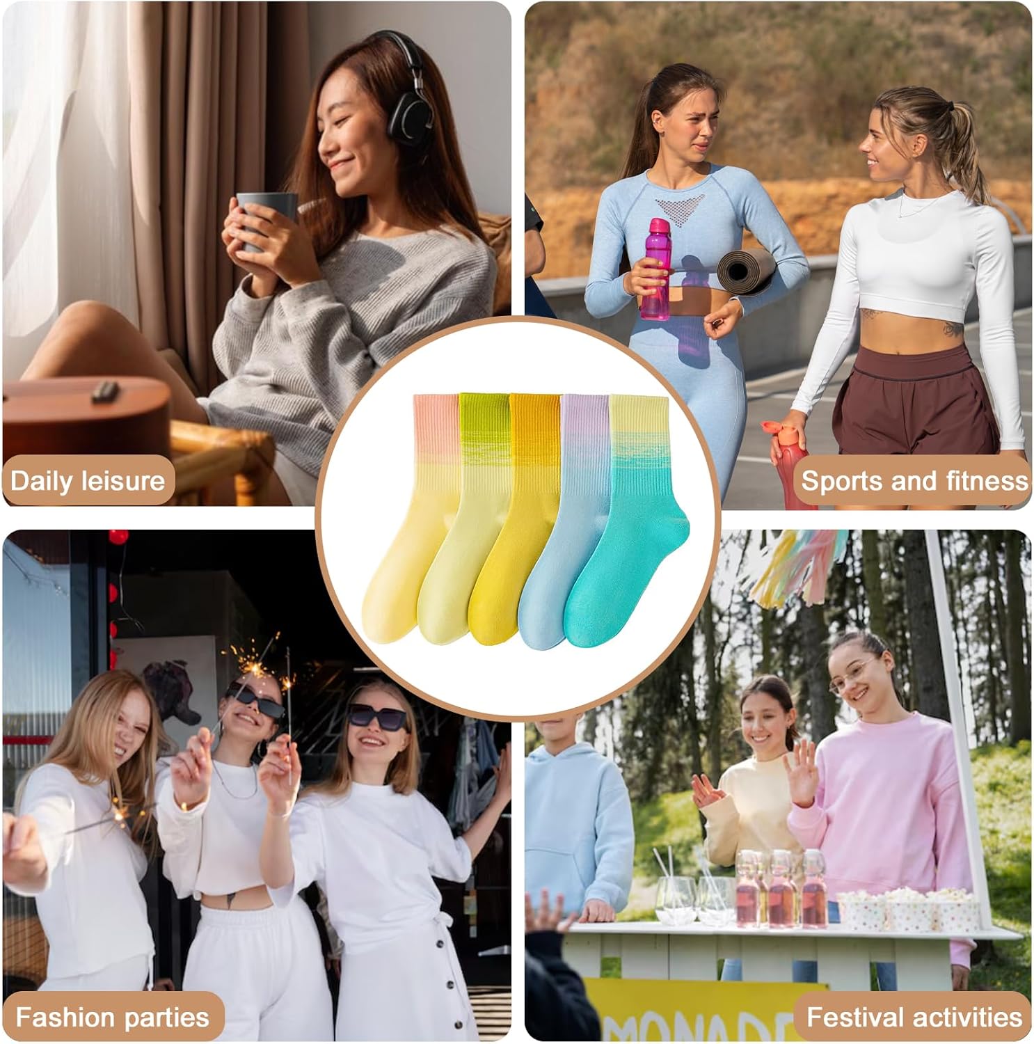 Women‘s Athletic Running Crew Socks，Cute Cotton mid-Calf Socks，Above Ankle High，Novelty Fun Colorful Design，Pack of 5 - Image 7