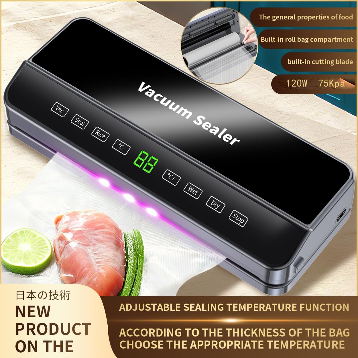 Vacuum Saver Food Sealer Machine Features 9-Temp Control And a Built-in Cutter,10 TexturedVacuumBags,120W,75KPa Vacuum System. Dry Moist Fresh Modes for All Saving Needs (Black)