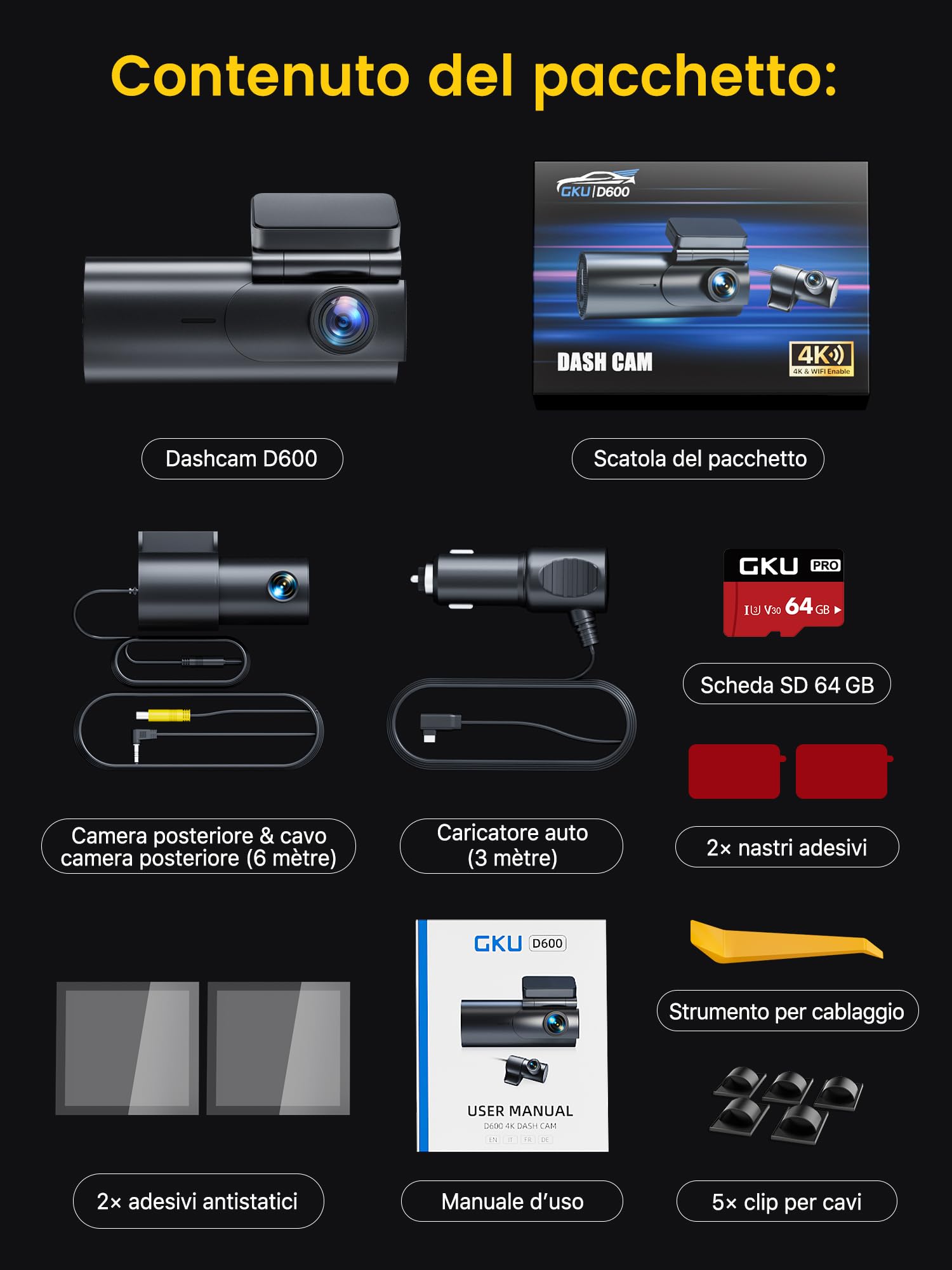 GKU Dash Cam Auto 4K/2.5K,Podwójna kamera samochodowa WiFi z kartą SD 64G,Dashcam Samochód 170° Szeroki kąt,Super Night Vision,WDR,G-Sensor,24H Monitor Parkowania,Nagrywanie pętli,Max 25 90G