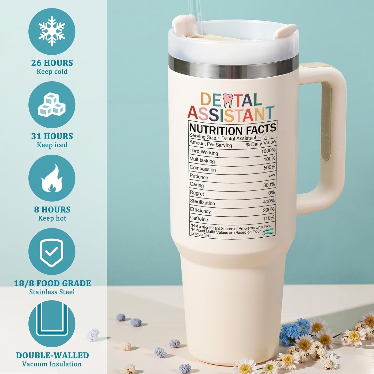 Lifecapido Dental Assistant Appreciation Gifts, Dental Assistant 40oz Tumbler with Keychain and Stickers, Dental Assistant Gifts, Birthday Gifts Christmas Gifts for Dental Assistant Coworkers, Creamy - Image 3