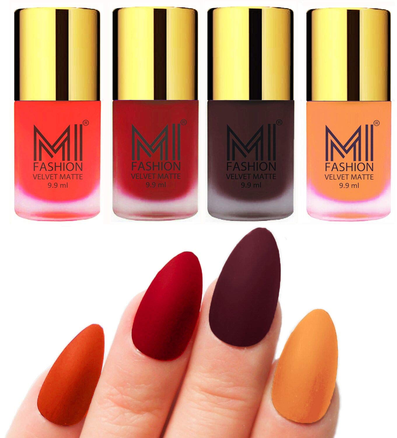 mi fashion smooth finsh 9.9ml velvet matte lacquer nail polish combo orange, tomato red, wine, saffron orange (pack of-4)