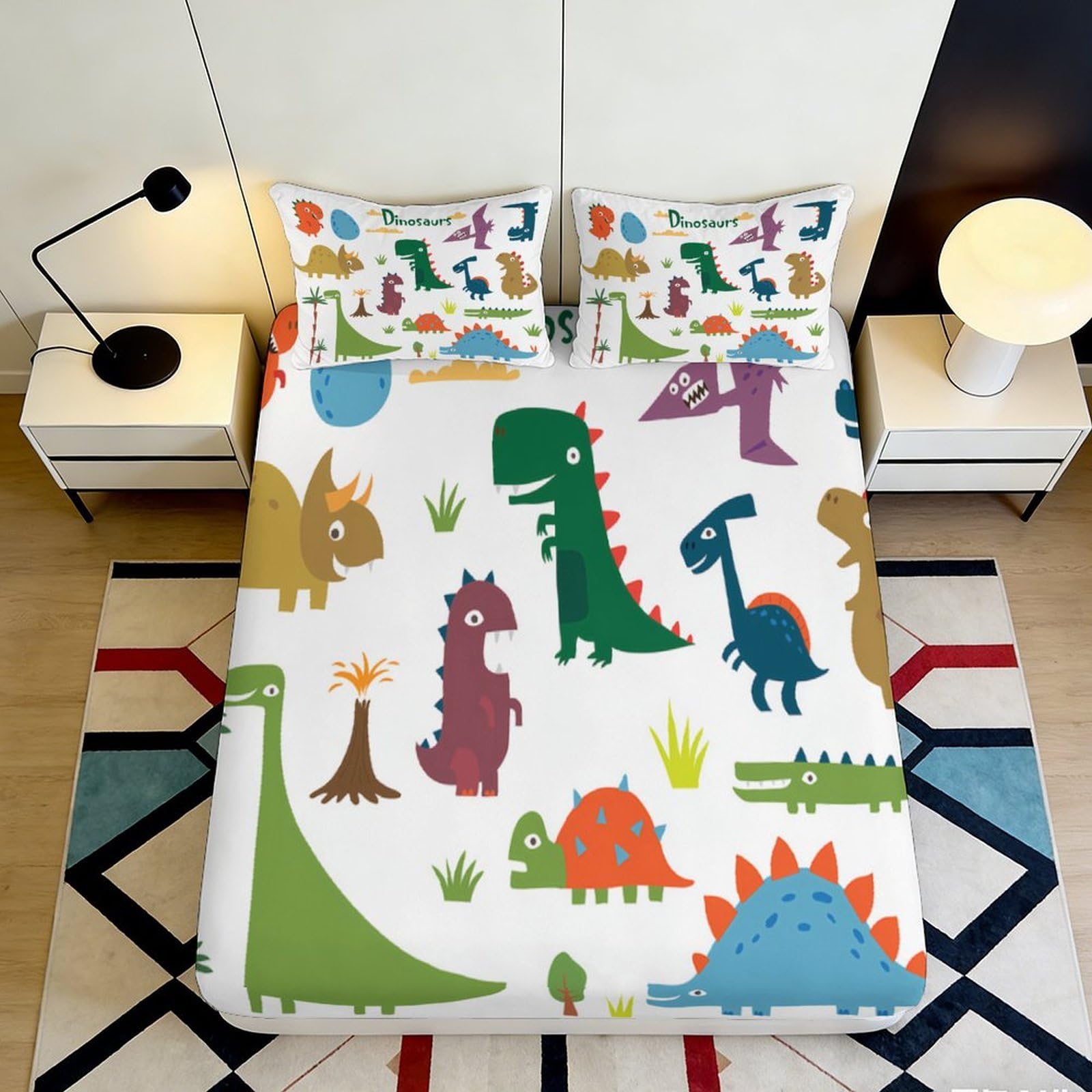 3D Printed Dinosaur Pattern Fitted Sheet Microfiber Soft Breathable Cartoon Animal Bed Cover for Bedroom Dormitory Guest Room Mattress Protection 200x200x25cm