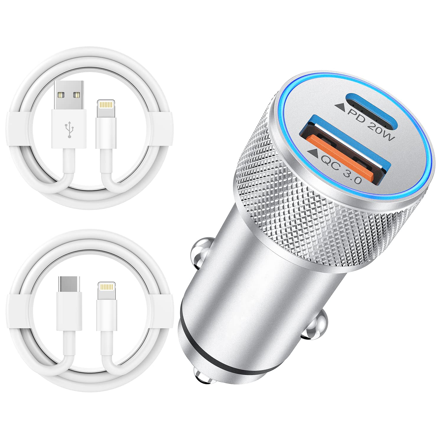 iPhone Fast Car Charger,[Apple Certfied] 38W Dual USB C Car Charger Adapter All Metal 2 Port Quick Charging with 2Pack Apple Lightning Cable for