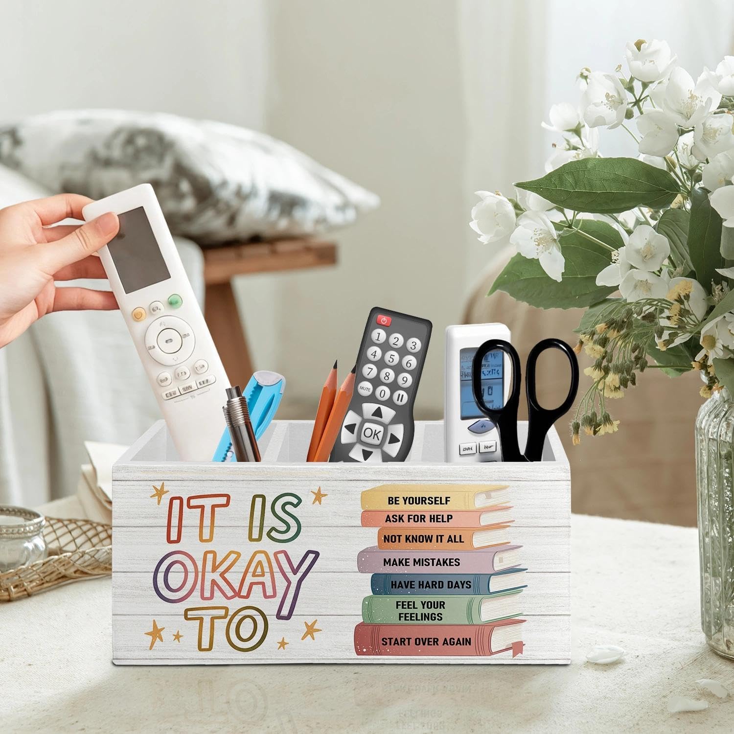 Inspirational Classroom Pen Pencil Holder Organizer for Desk Accessories, Inspirational Gifts for Women, Motivational Wooden Box Signs Decorations for Home Office Classroom Desk Tabletop image 2
