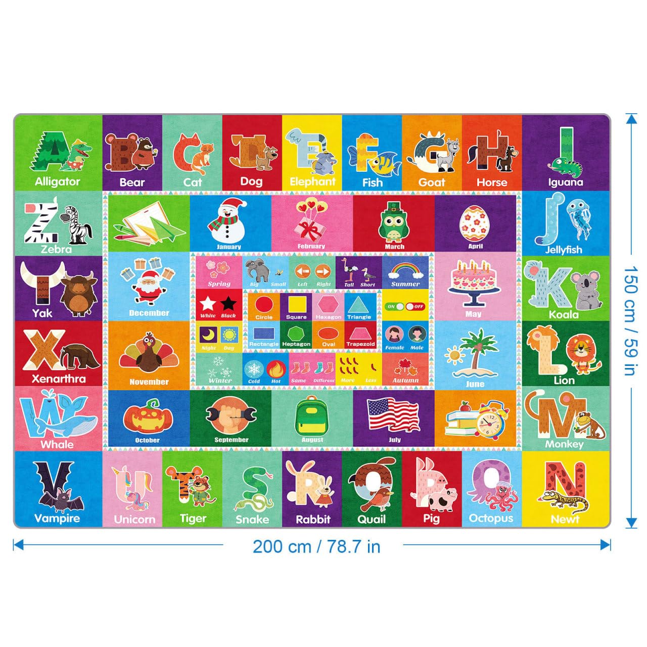 Tapis de jeu avec design antidérapant Collection ABC, forme, saison, mois, opposé et tapis éducatif pour chambre à coucher, salle de jeux (200 x 150 cm)