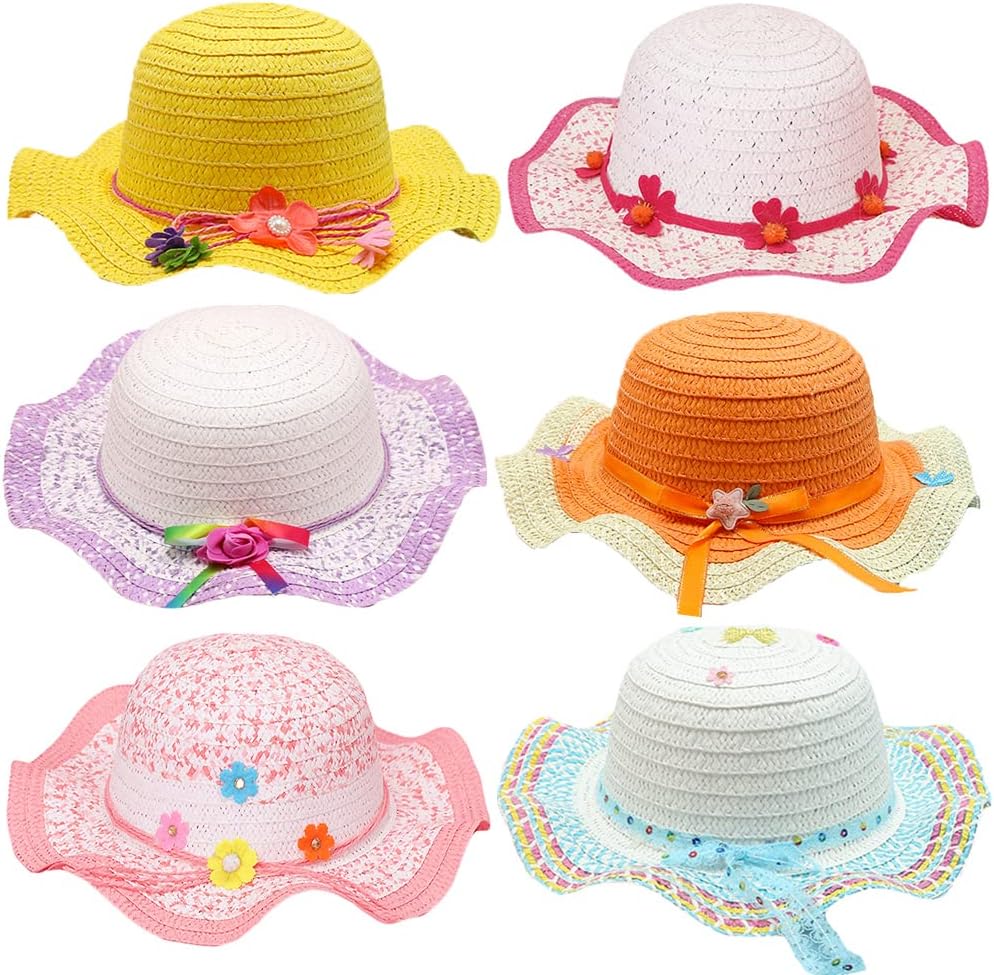 6 Pcs Girl Tea Party Garden Party Hats in Assorted Colors & Assorted Styles,Hats for Girls Dress up Princess Costume Birthday Party Supplies Easter Bonnets Beach Sun Hats, for Age 3-9