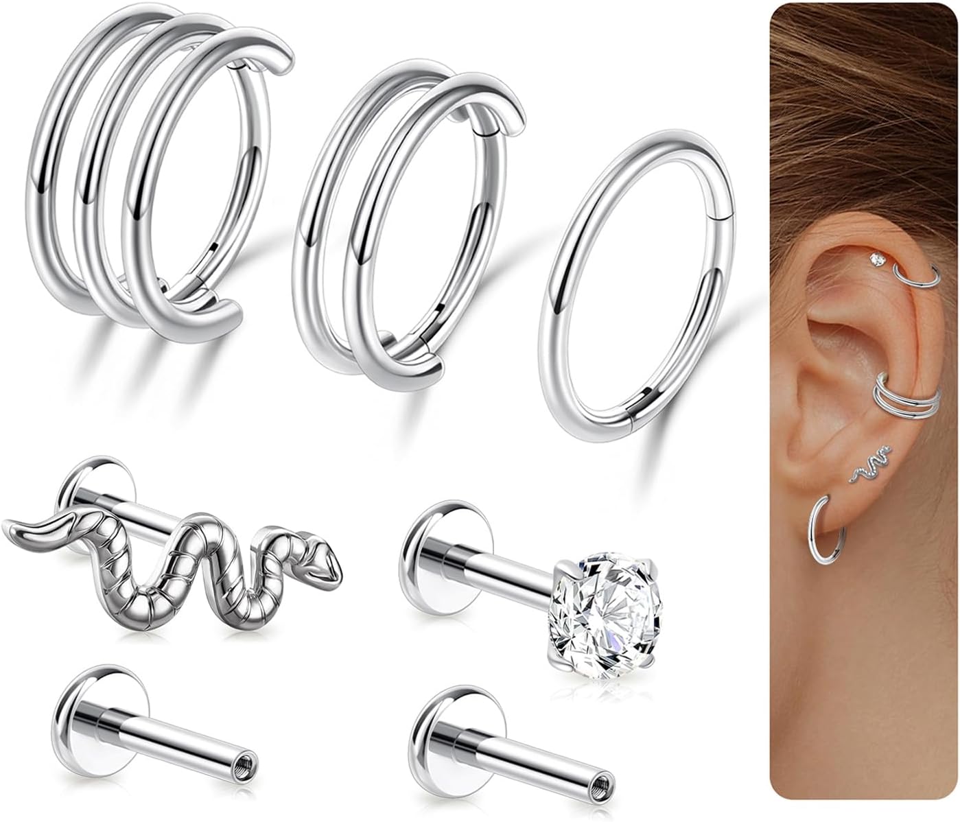 G23 Titanium 3PCS/7PCS 16G Cartilage Double-Hoop Helix Conch Piercing Jewelry With Cubic Zirconia Flat Back Stud Earrings Set For Women Men