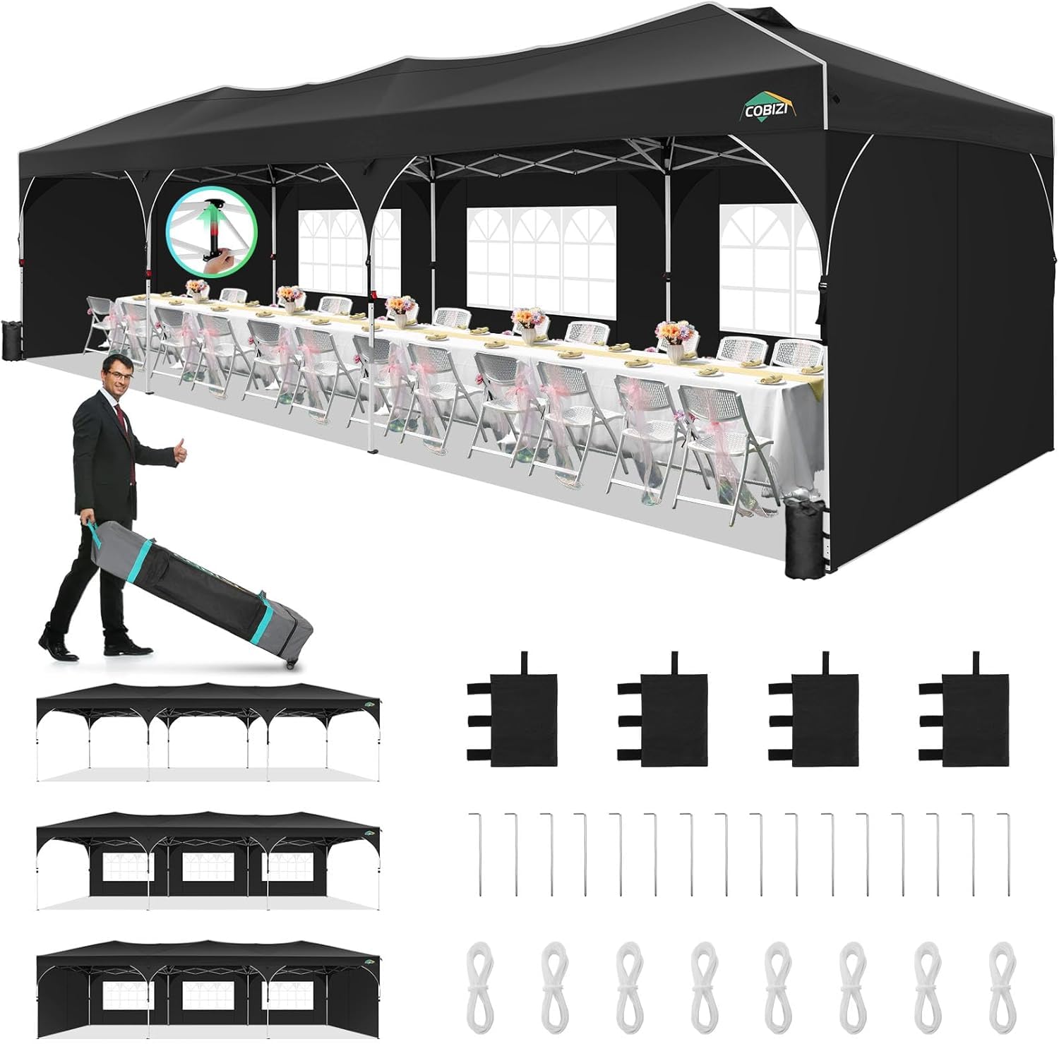 COBIZI 10x30 Pop Up Canopy Tent, Outdoor Party Tent with 5 Sidewalls, 1 Person Easy Set up, Tents for Parties with Fluorescent Strip & 4 Sandbags,
