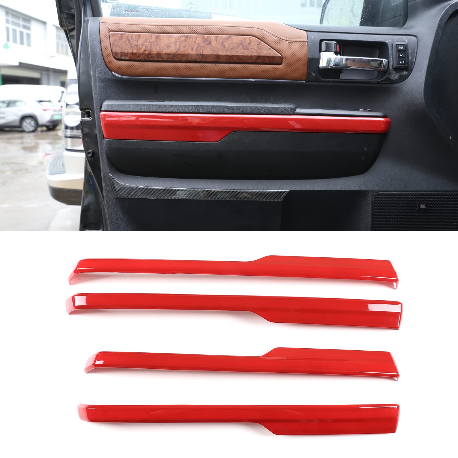 Photo 1 of LLKUANG ABS Car Inner Door Armrest Panel Decoration Strip Trim for Toyota Tundra 2014-2020 Pickup SUV Car Accessories(Not fit Double Cab model!) (Red)