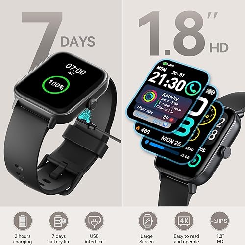 Miniatura 6 de aeac Reloj inteligente para Android e iOS, reloj de fitness de 1.8 pulgadas con Alexa, llamadas Bluetooth, monitor de frecuencia cardíacasueño,