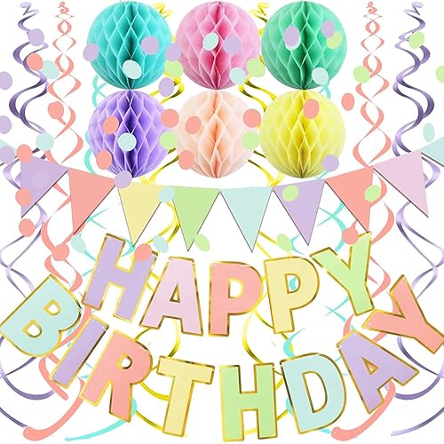 Fecedy Macaron Superlarge Alphabet Happy Birthday Banner Colorful Flag Bunting Circle Confetti Garland Swirl Streamers Honeycomb Ball for Birthday Party Decorations