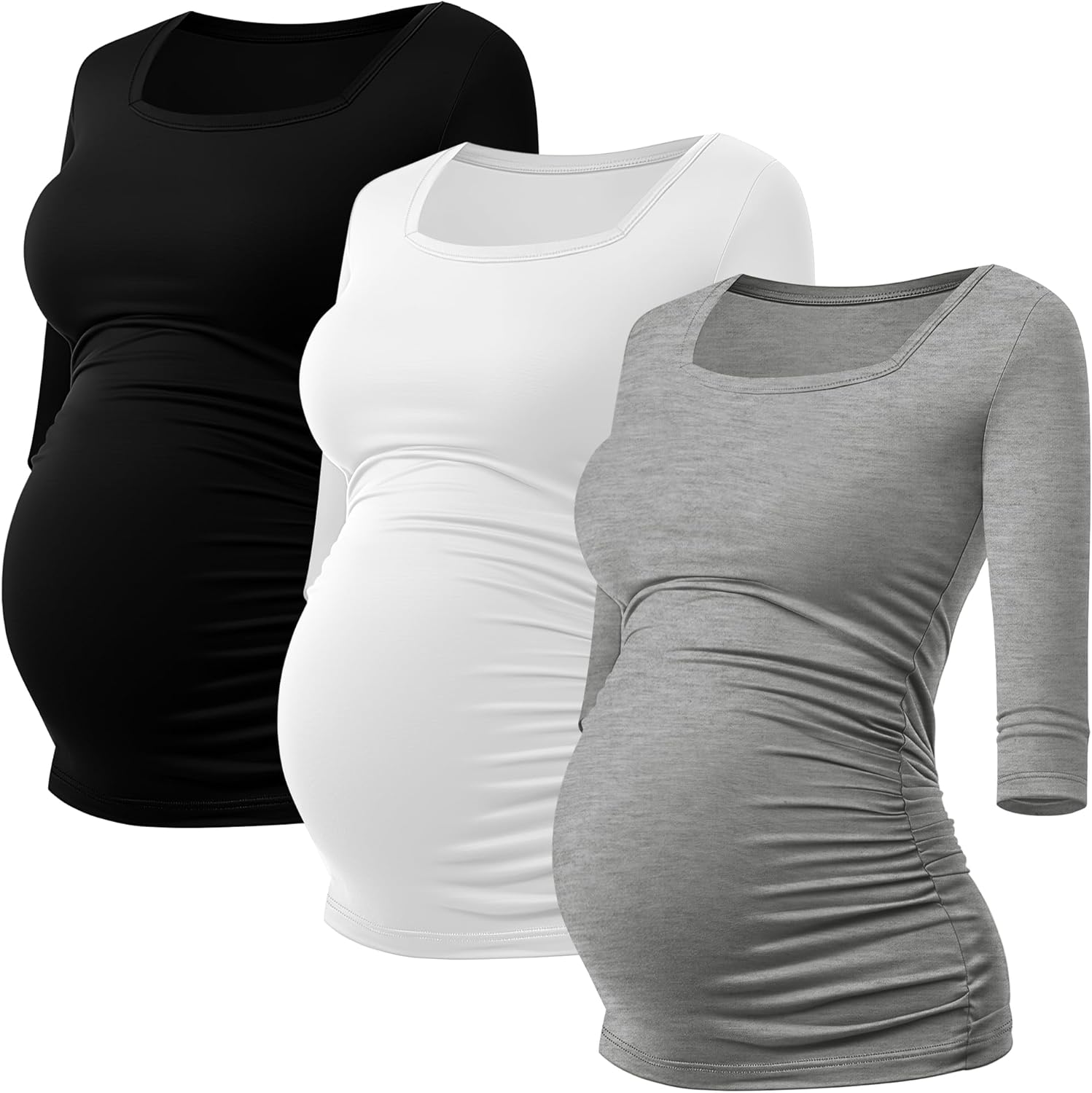 Ficerd 3 Pack Maternity Top 3/4 Sleeve Basic Square Neck Maternity T Shirt Ruched Pregnancy Blouse - Image 4