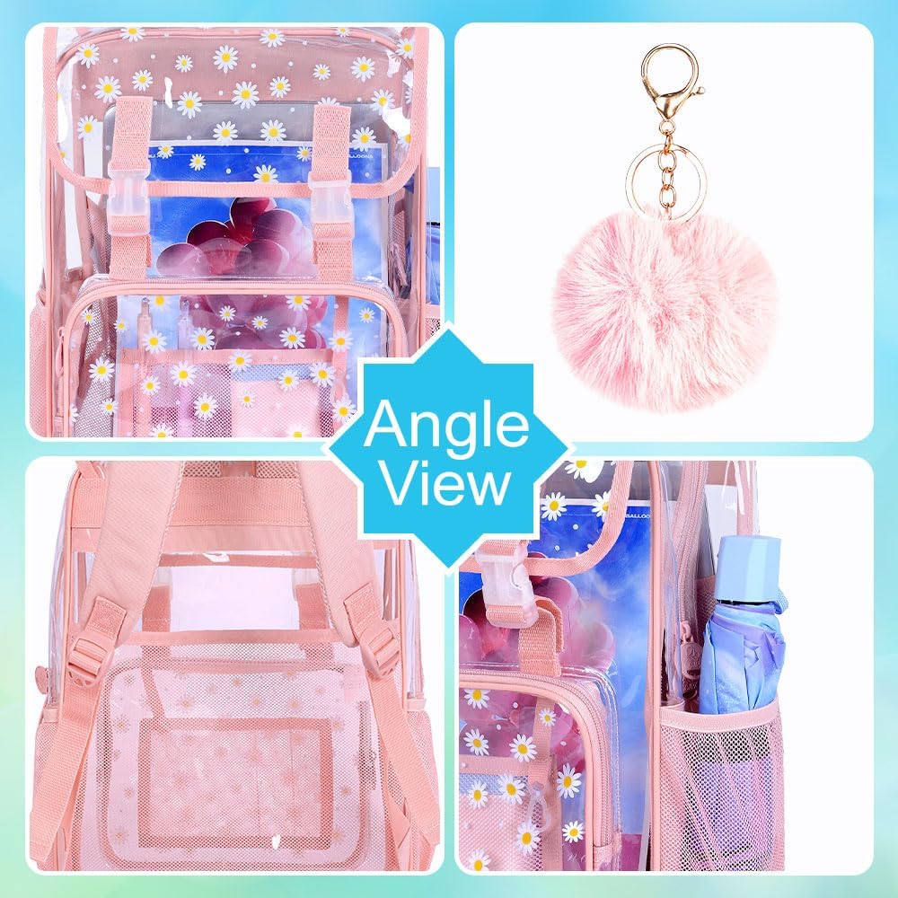3PCS Pink Clear Backpack, Heavy Duty Transparent Bookbag for Girls Women, Stadium Approved See Through Backpack with Lunch Box (Pink Daisy) - Image 5