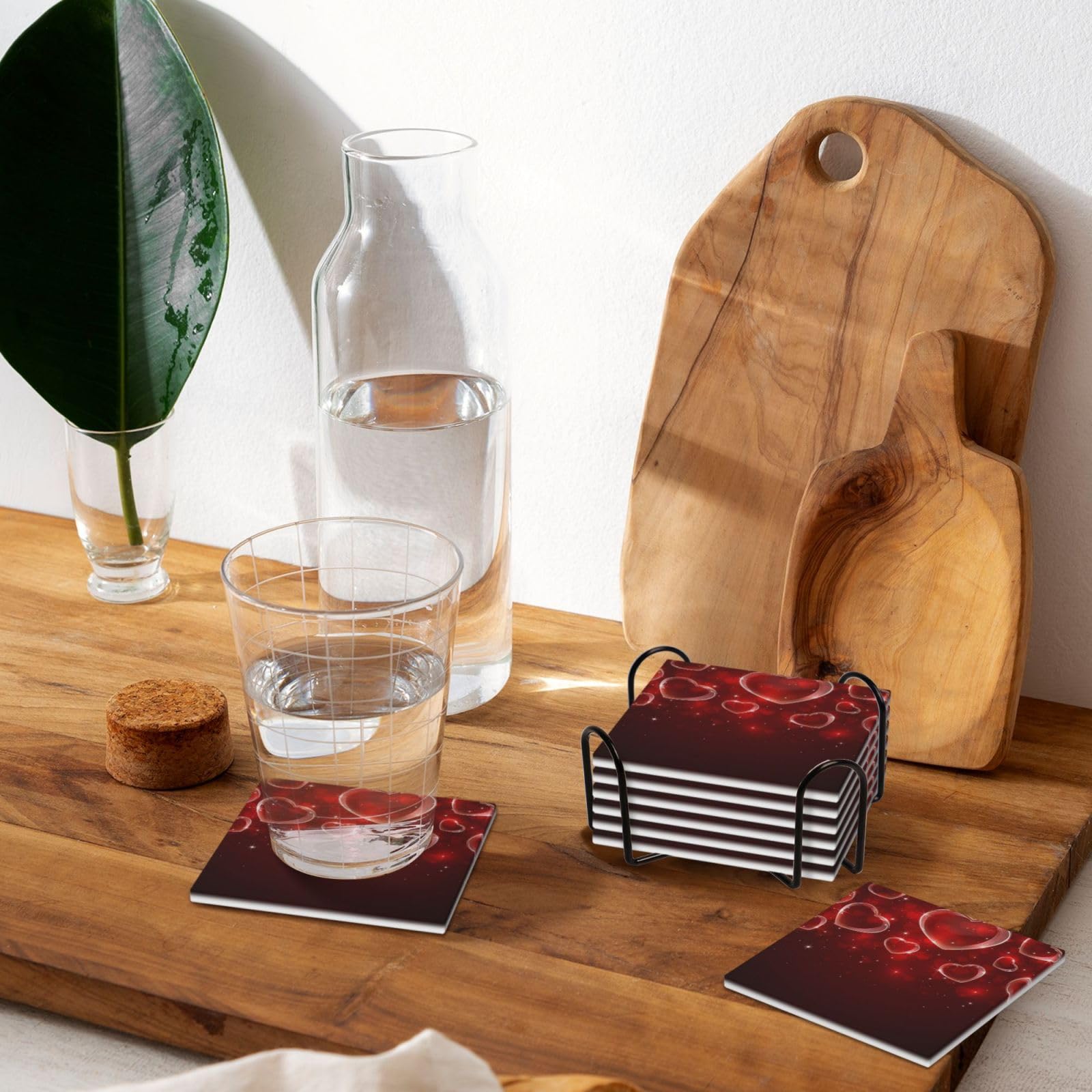 Lot de 6 dessous de verre absorbants en céramique avec base en liège Motif cœur rouge