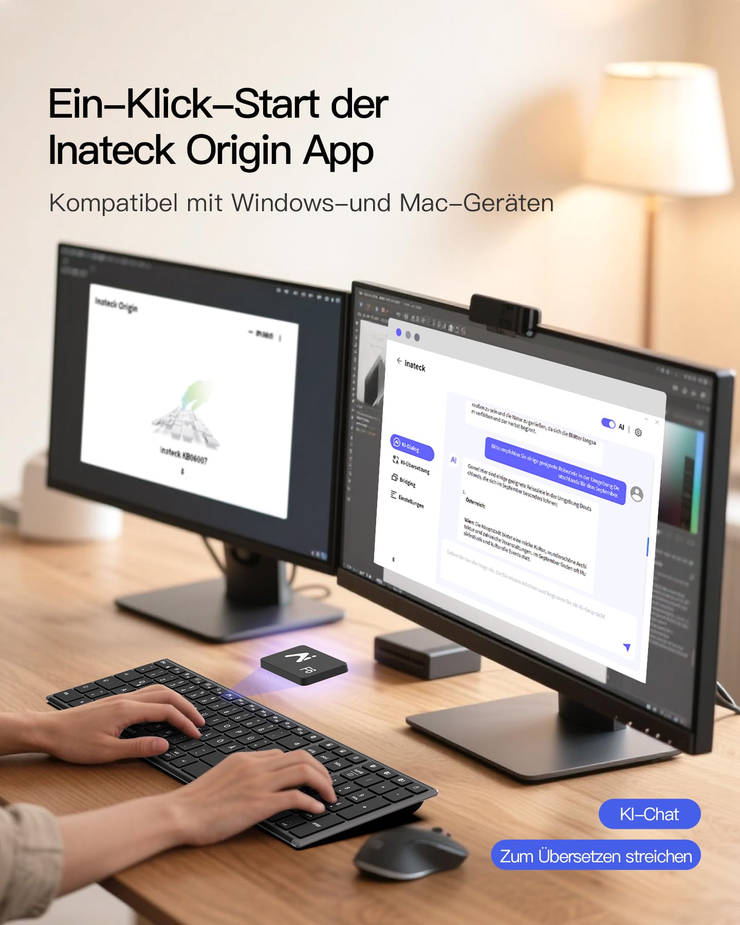 Inateck Tastiera wireless, funzione AI con 3 canali Bluetooth, layout tedesco QWERTZ, tasti silenziosi, compatibile con iPadOS Android, Windows, KB06007