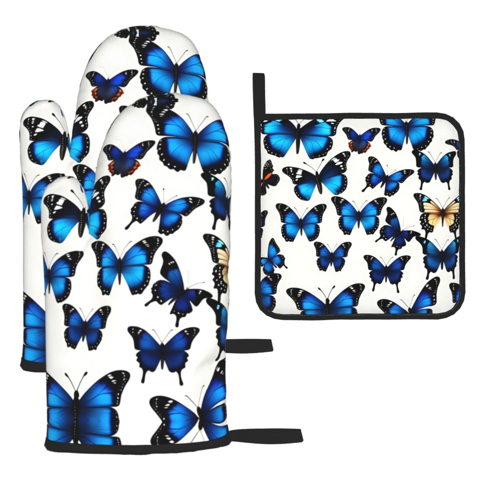 Many Blue Butterfly Christmas Oven Mitts,Cute Cooking Glove,Heat Resistant,Oven Mitts Gift for Mom,Housewarming