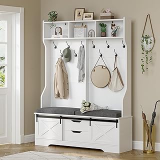 UPOSOJA Hall Tree with Bench and Shoe Storage, Entryway Bench with Coat Rack, Modern Farm House Barn Door 3-in-1 Hall Tree...