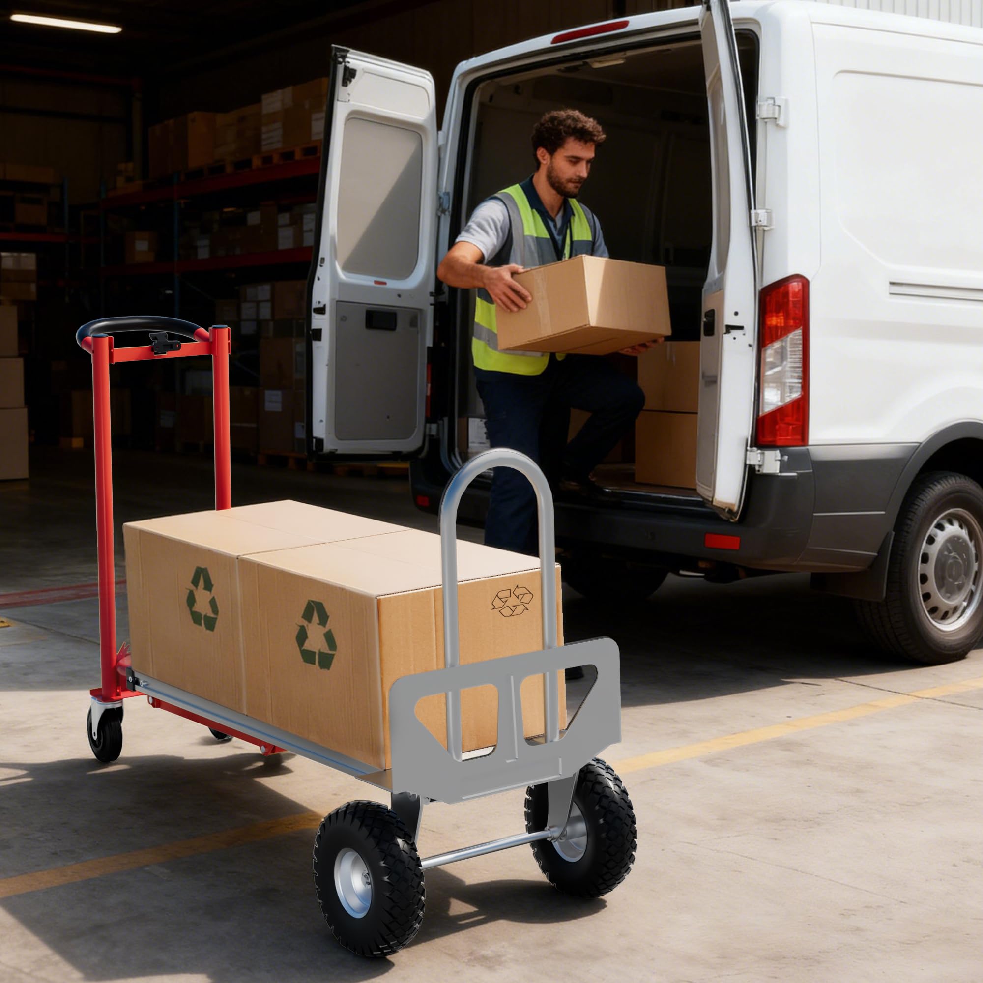 Carrello trasporto pieghevole per impieghi gravosi 3 in 1 Carrello manuale acciaio convertibile capacità carico 350 kg pieghevole ruote antiforatura cinghie elastich ideale magazzino uffici c