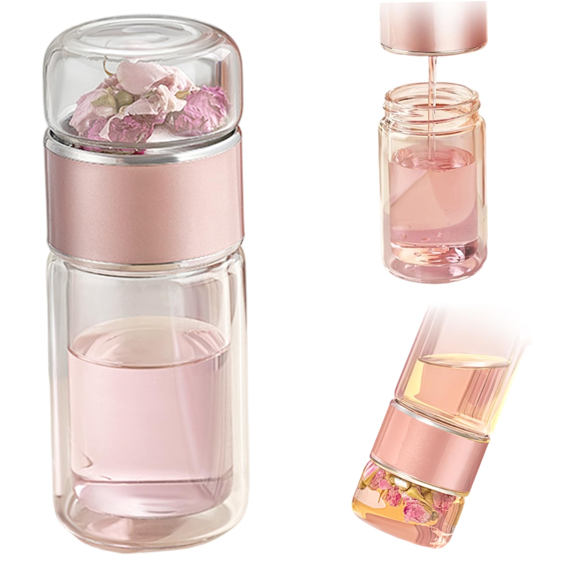 CAKEEYUM Tea Infuser Bottle 9oz Double-Wall Glass Tea Tumbler with Stainless Steel Infuser for Loose Leaf Home Office Travel Bottle with, Tumbler with, Cup, Travel Te