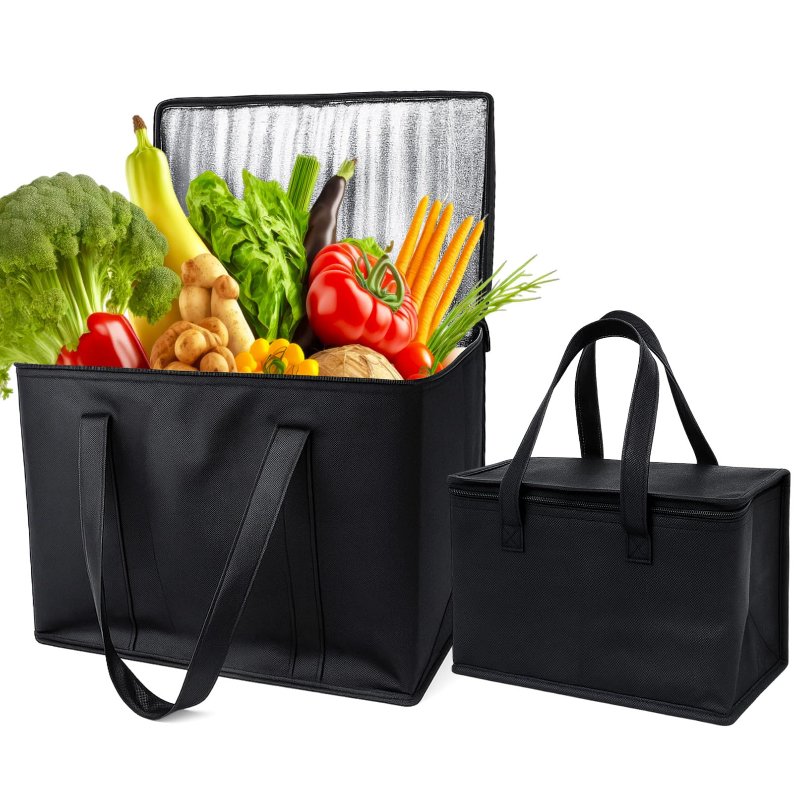 saerryor 2 Pack Insulated Reusable Grocery Shopping Bag, Large Cooler Bags for Food Delivery Heavy Duty Collapsible Cool Bag with Durable Handles & Dual Tab Zips for Picnic, Camping, Black