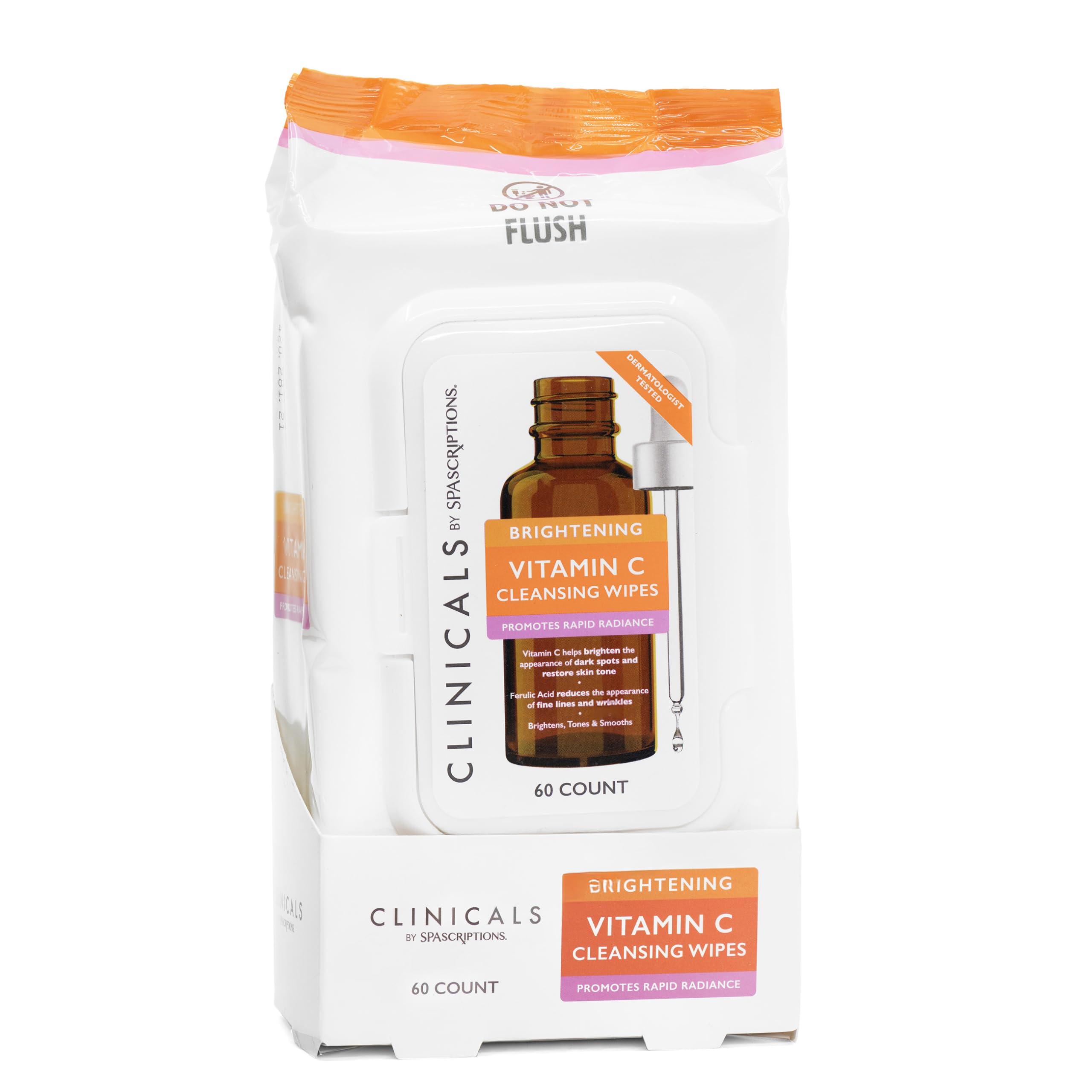 SPASCRIPTIONS BrightN, Toallitas limpiadoras de vitamina C, 60 unidades que mejoran la radiación y tonifican con vitamina C y ácido ferúlico, ayudan a iluminar la apariencia de las manchas oscuras