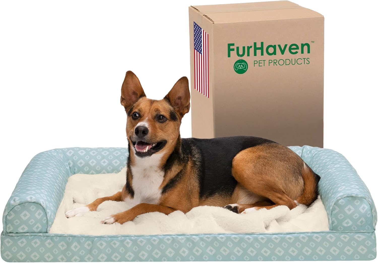 Furhaven Cooling Gel Dog Bed for Large/Medium Dogs w/ Removable Bolsters & Washable Cover, For Dogs Up to 55 lbs - Plush & Diamond Print Nest Top Sofa - Aqua, Large Aqua (Plush & Diamond Print Nest Top) 36.0"L x 27.0"W x 6.5"Th