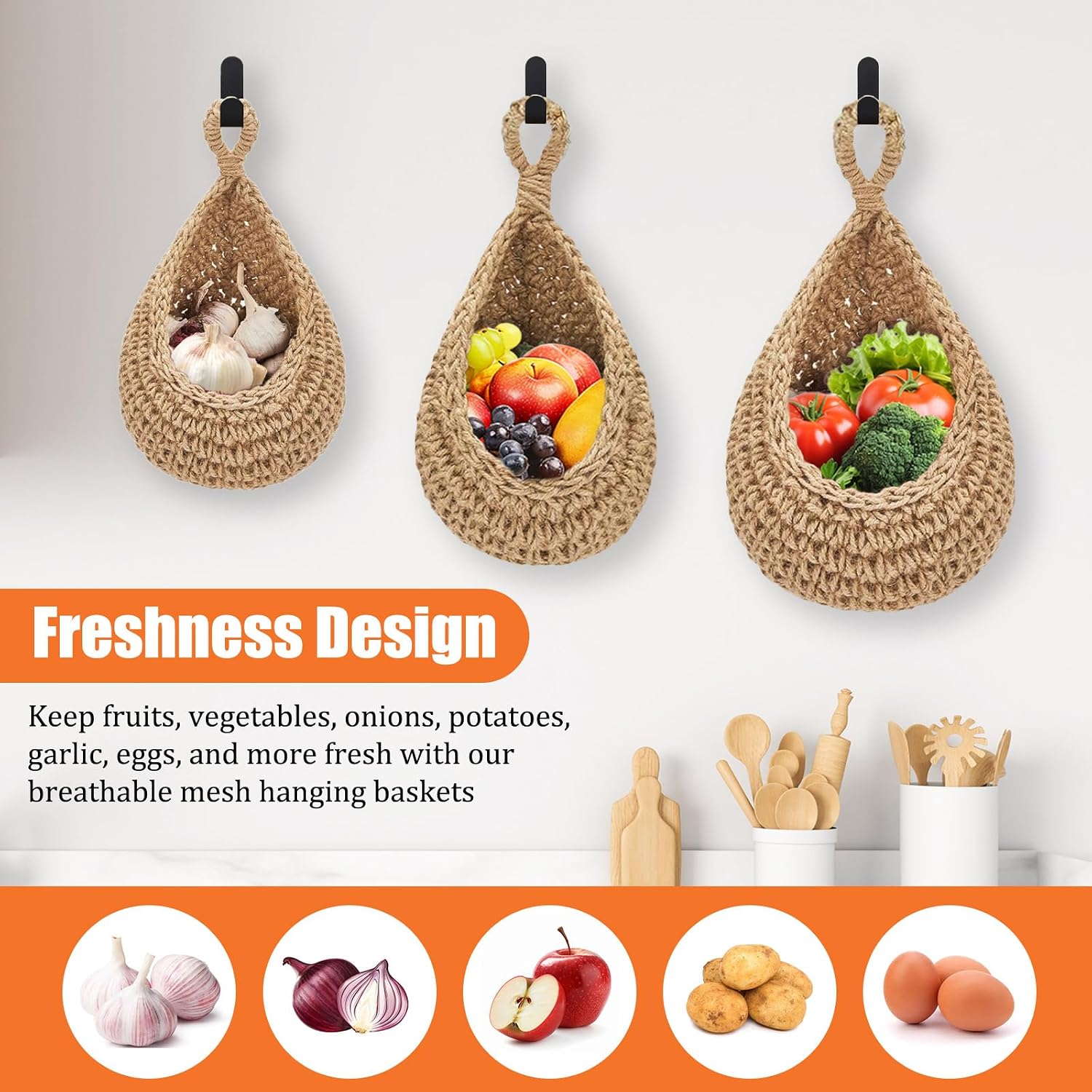 Hanging Fruit Baskets for Kitchen, 3 Pack Boho Hanging Wall Basket with 6 Pcs Strong Hooks, Teardrop Storage Baskets for Fruits, Vegetables, Onion - Decorative Organizing Wall Baskets for Home
