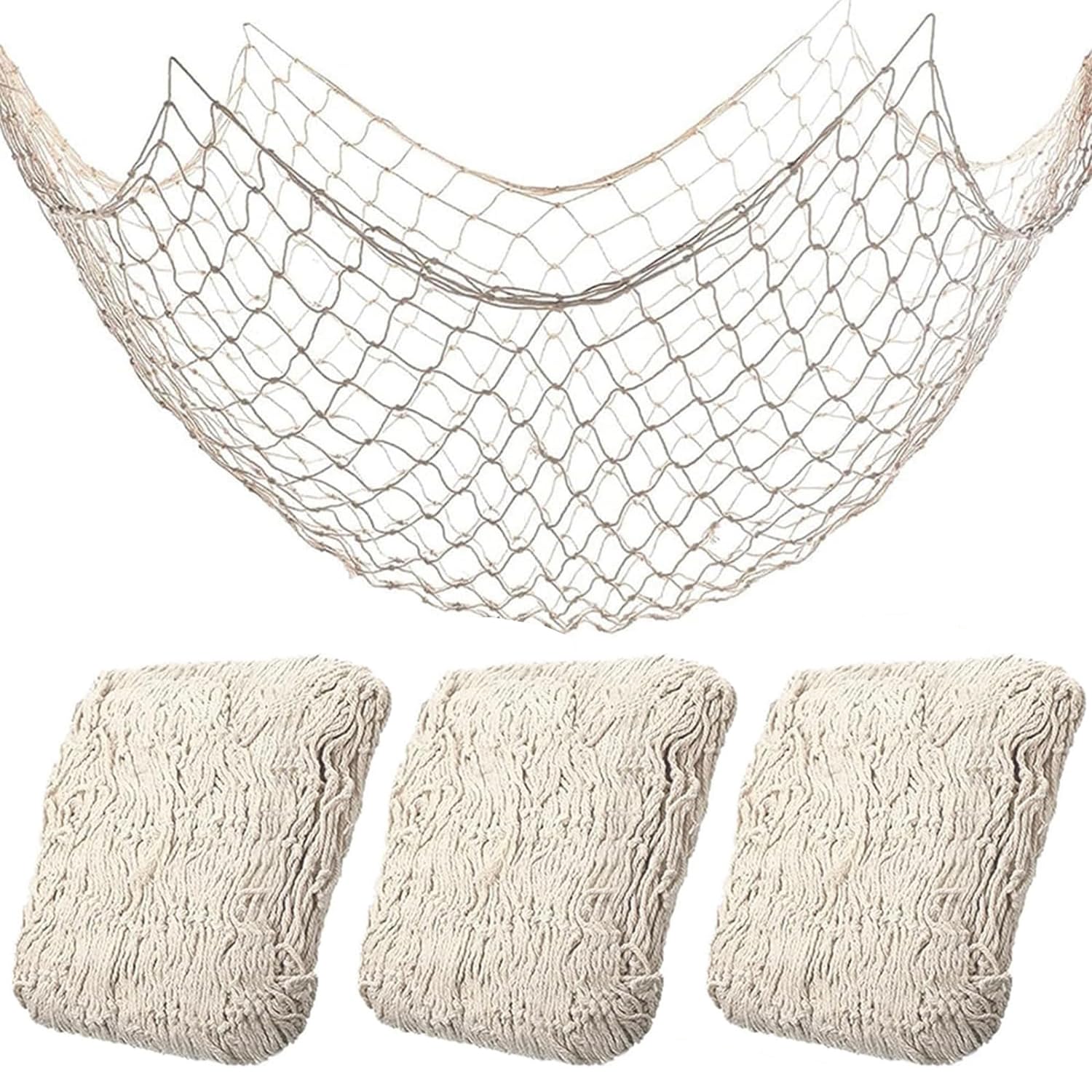 3 Pack Fish Net Decorations for Party,Natural Cotton Hawaiian Party Fishing Net Decorative, Nautical Themed Cotton Fishnet Pirate Party Decor