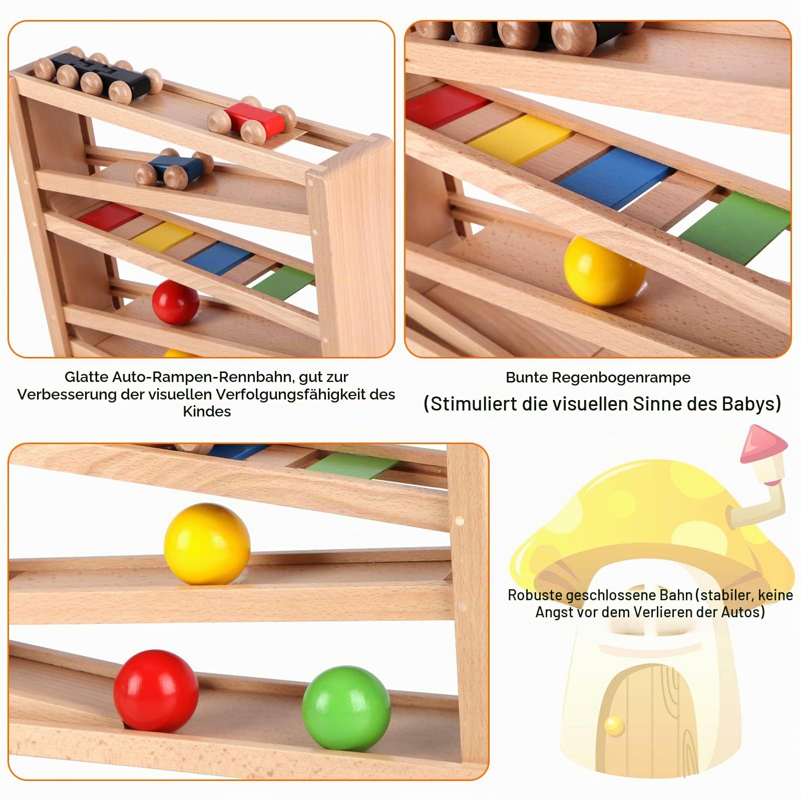Jacootoys Holz-Rennbahn, Autorennbahn-Spielzeug, 5Ebenen mit 4Autos 3Bällen